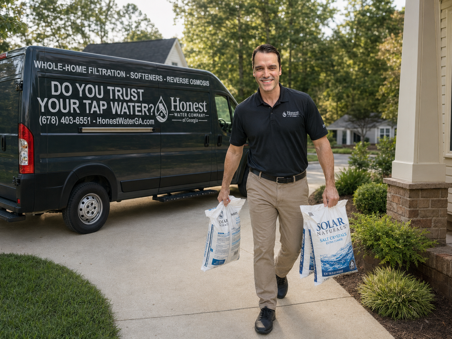 Honest Water of Georgia technician walking two bags of solar salt crystals up a customer's driveway from a branded service van