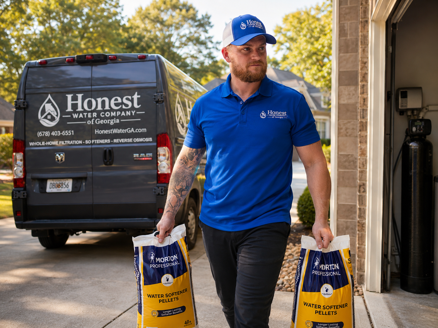 Honest Water team member carrying water softener salt to the customer's system
