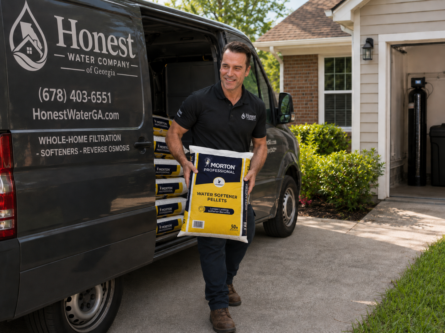 Honest Water service team bringing salt to a Georgia home