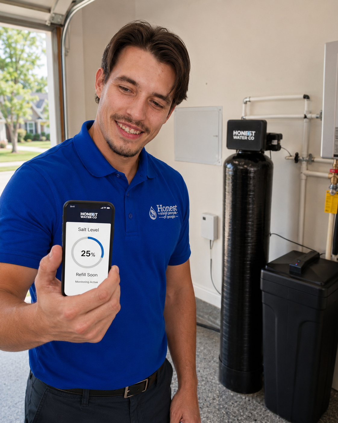 Honest Water team member monitoring a customer's water softener salt level