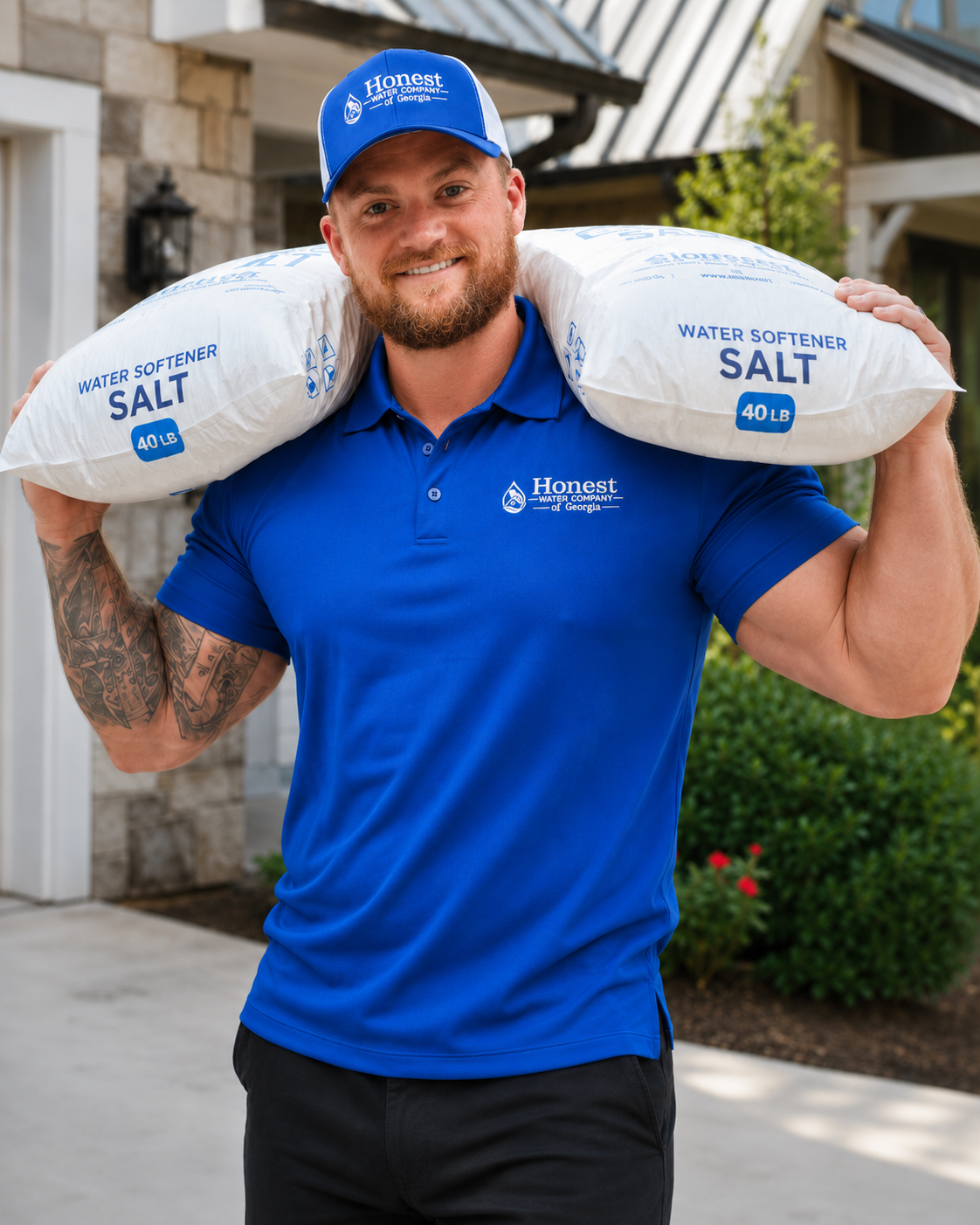 Honest Water of Georgia technician carrying two 40-pound bags of water softener salt on his shoulders outside a customer's home