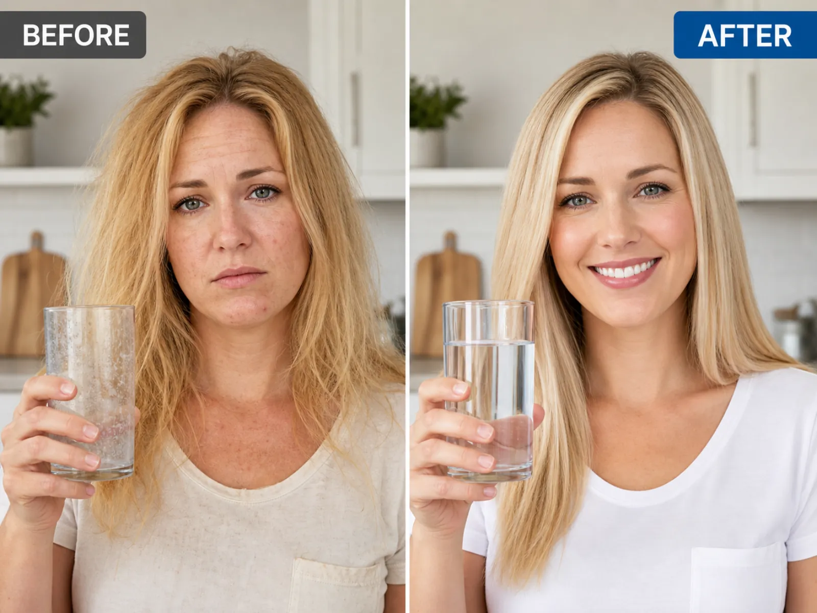Before and after whole-home water filtration in Commerce, GA: cloudy hard water vs clear filtered water