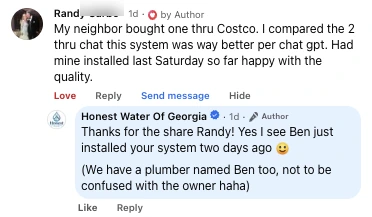Facebook comment from Randy: "My neighbor bought one thru Costco. I compared the 2 thru chat this system was way better per chat gpt. Had mine installed last Saturday so far happy with the quality."
