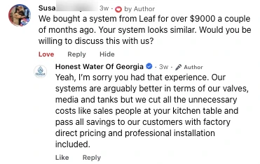 Facebook comment from Susan: "We bought a system from Leaf for over $9000 a couple of months ago. Your system looks similar. Would you be willing to discuss this with us?"