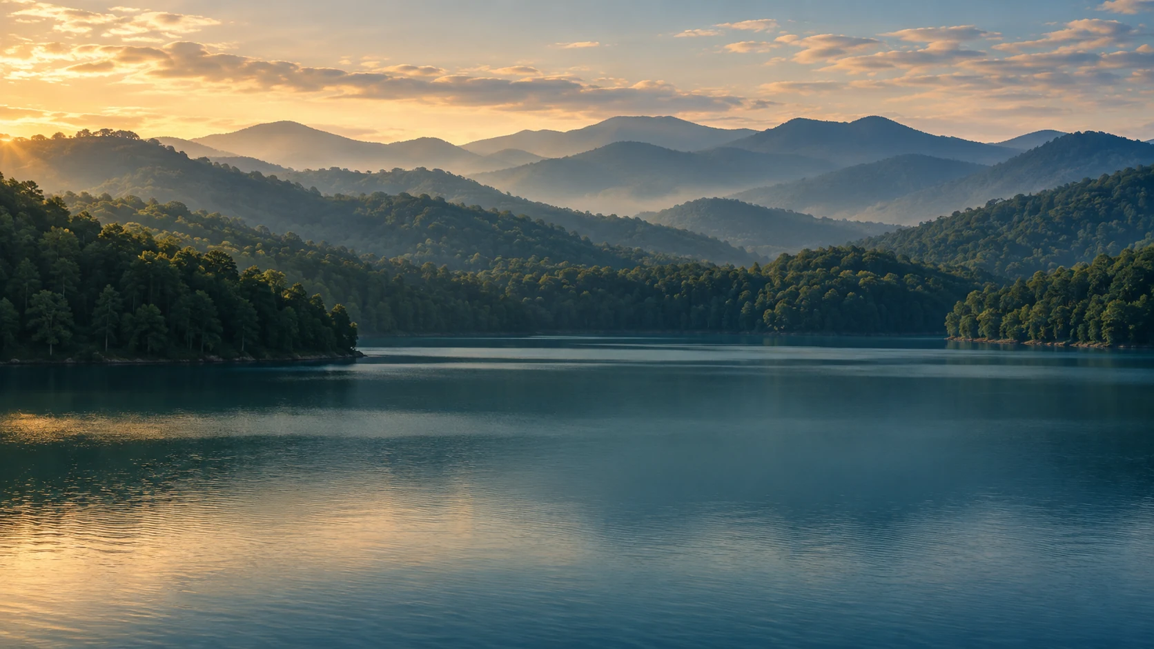 Layered mountain ridges above a peaceful lake