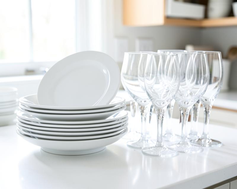 Clean white plates and clear glassware on a kitchen counter