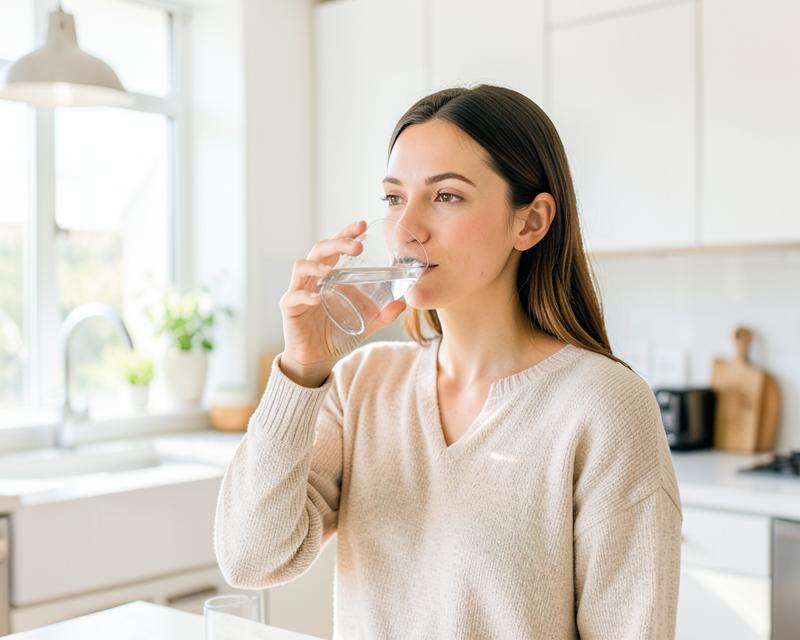 Glass of clear water being poured in a bright kitchen
