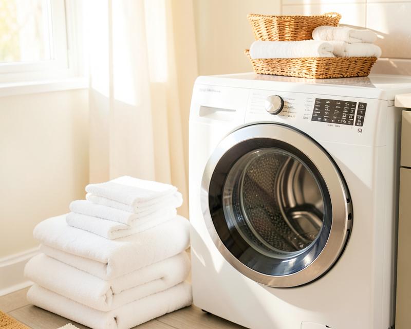 Folded white towels beside a modern washing machine
