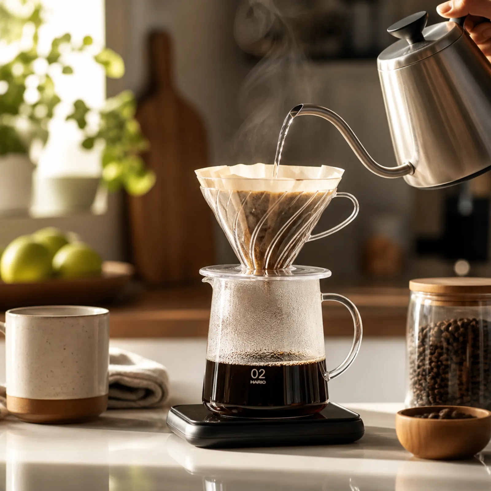 Pour-over coffee being brewed with clean filtered water