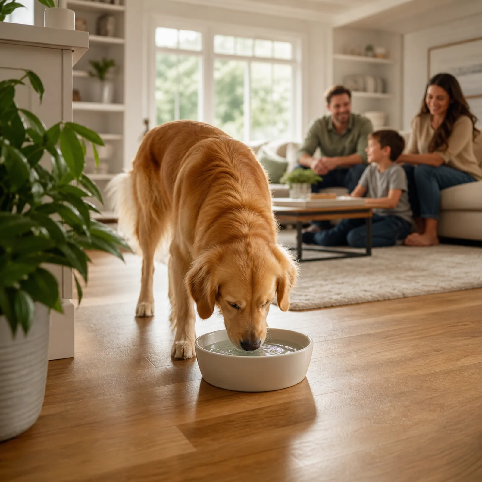 Family relaxing together while their dog drinks fresh water
