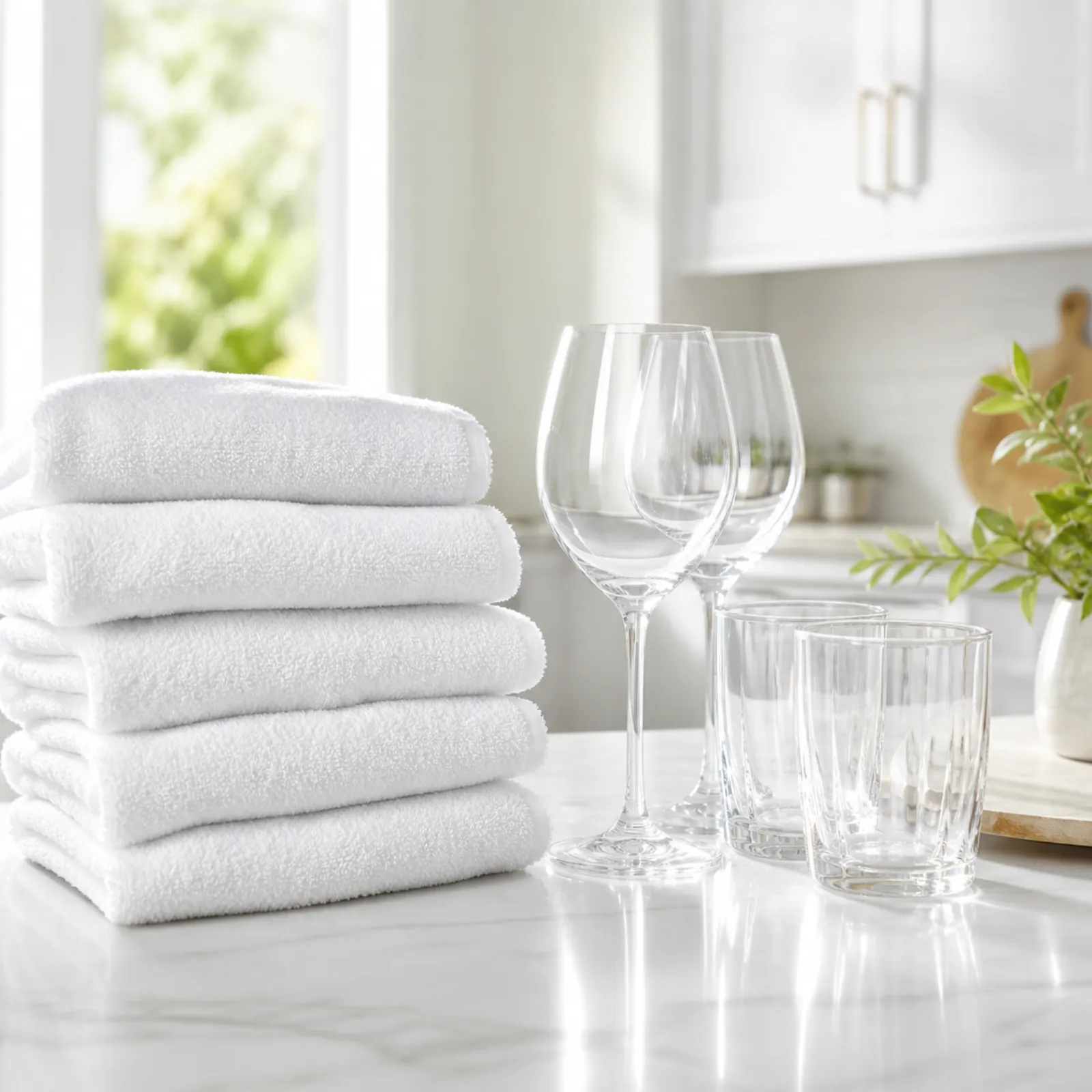 Stack of bright white towels and spotless wine glasses
