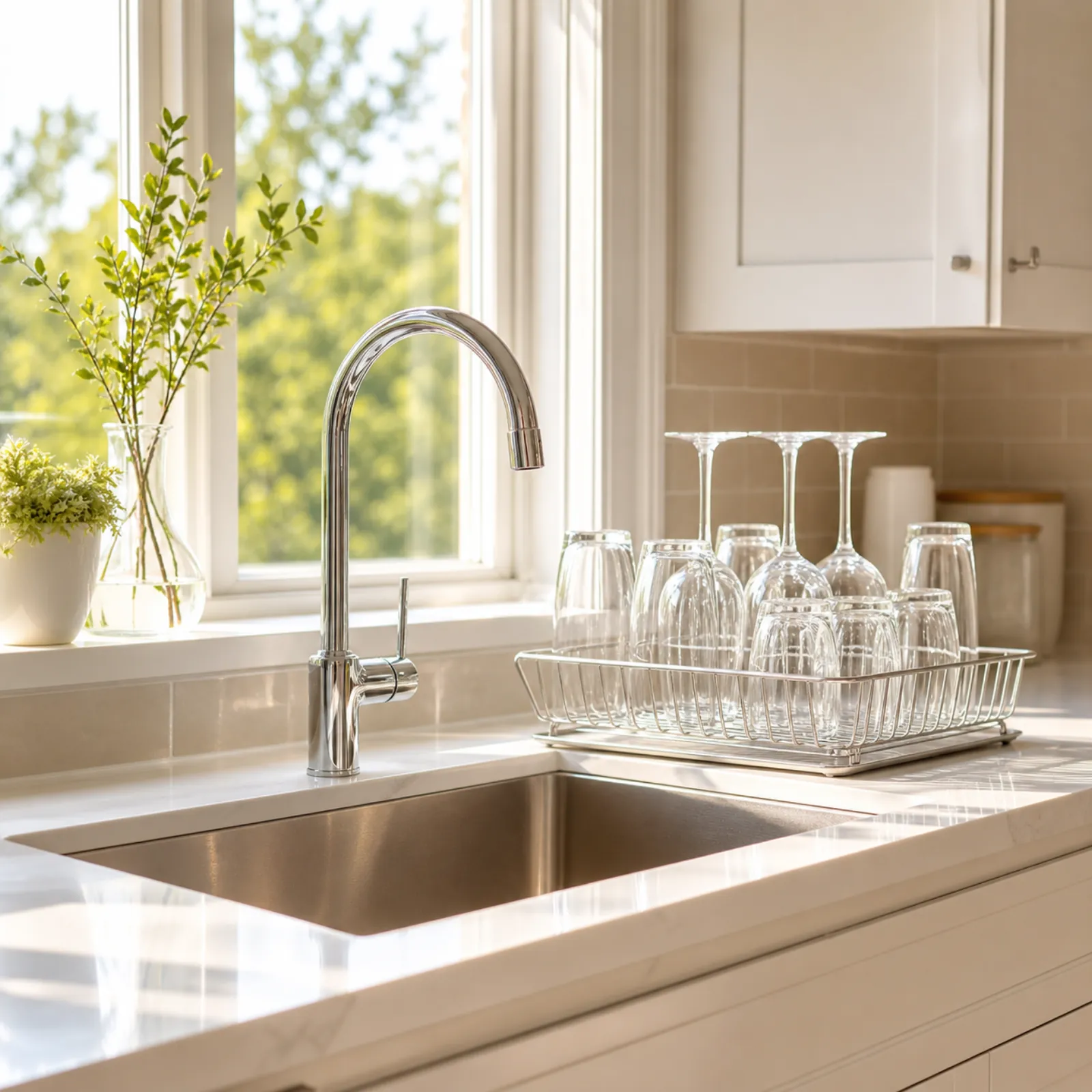 Sparkling clean kitchen sink with spot-free glassware drying