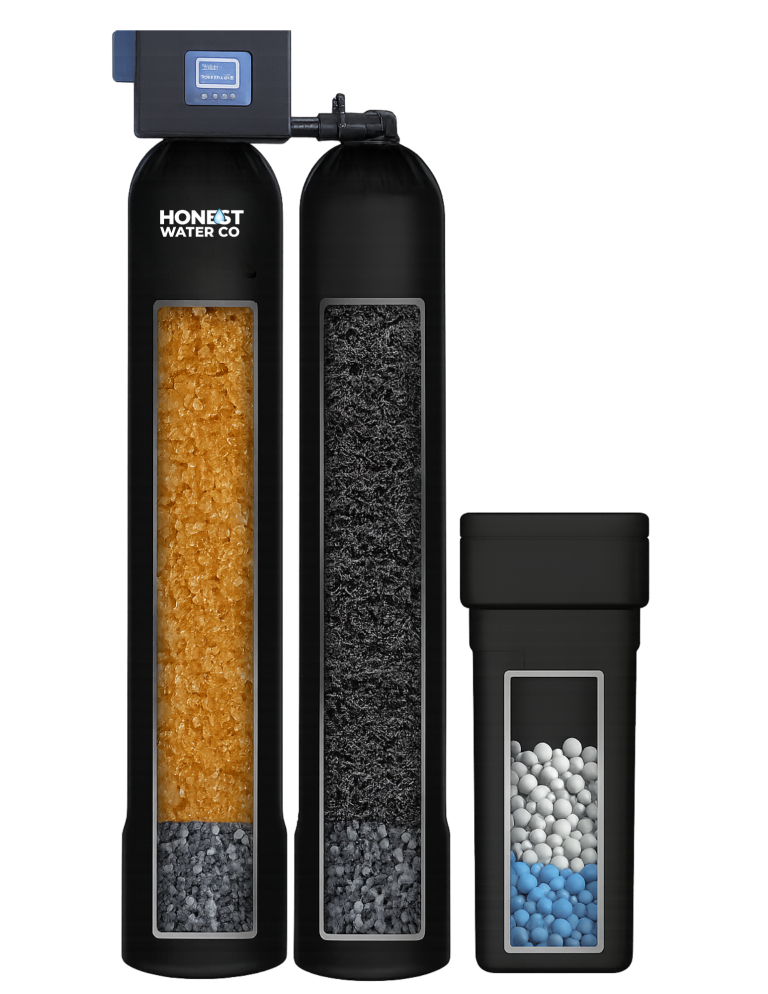 Dual-tank city water filtration and softener system with pH balancing media