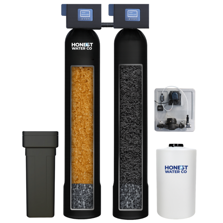 Whole-home water softener paired with granular activated carbon chlorine filtration tank and brine tank
