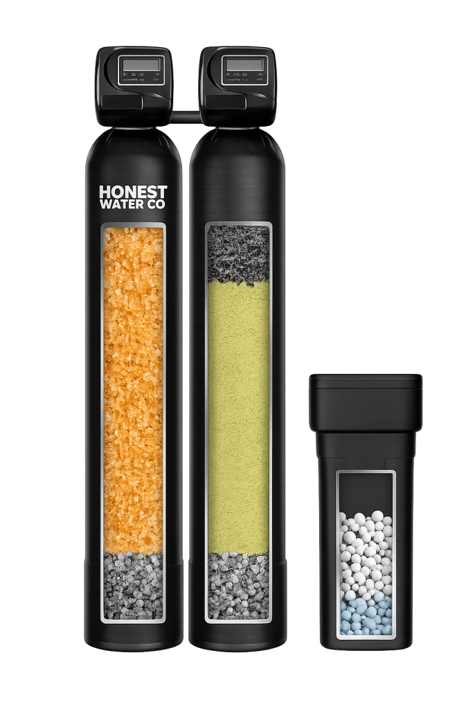 Dual-tank well water filtration system with softener, Katalox iron filter, and brine tank